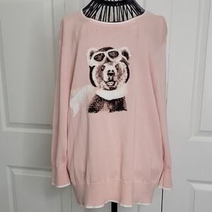 Lands' End Pink Supima Cotton Bear Sweater Size Large